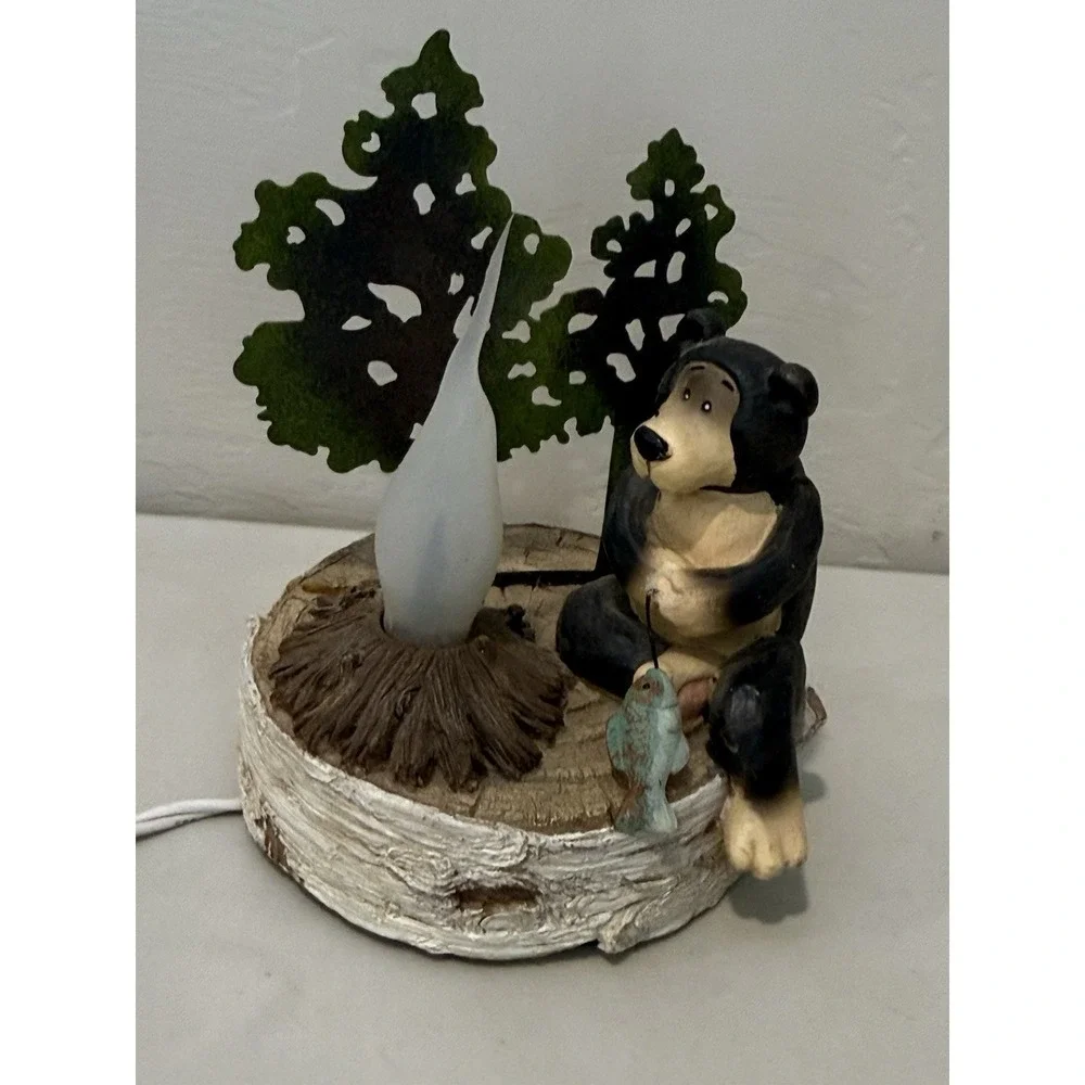 Vtg Black Bear Campfire Night Light Table Lamp Rustic Cabin Lodge Decor Flicker